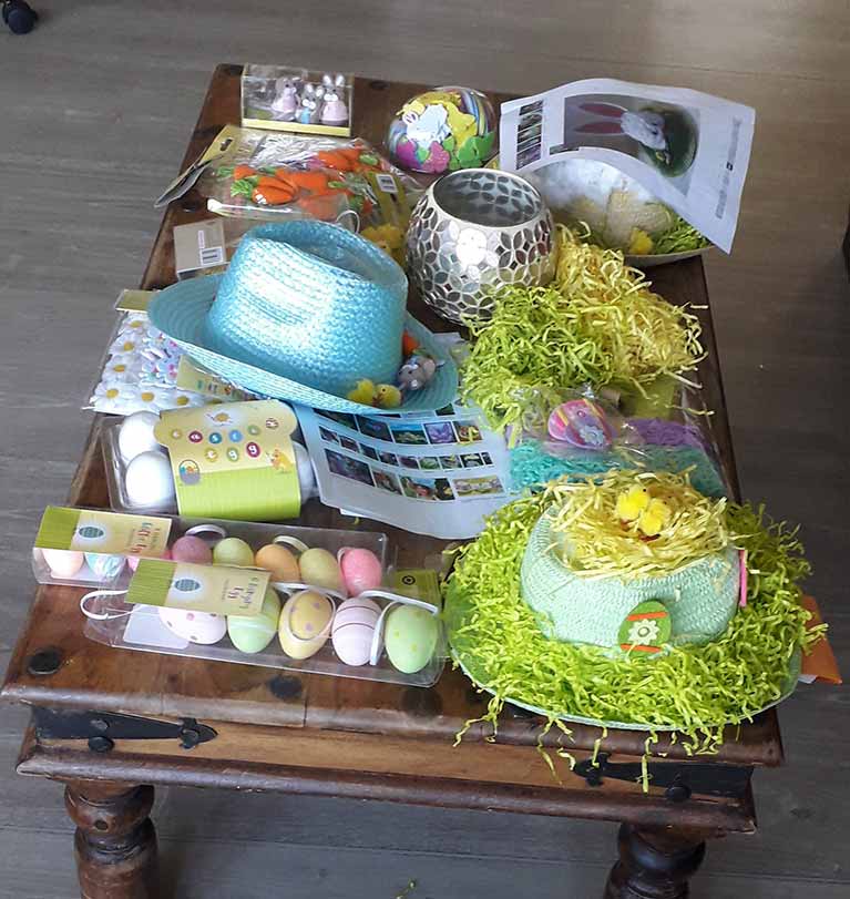 Easter bonnet making ready for our competition on Sunday!